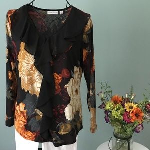 EUC Susan Graver Floral Top with Ruffle Sz S
